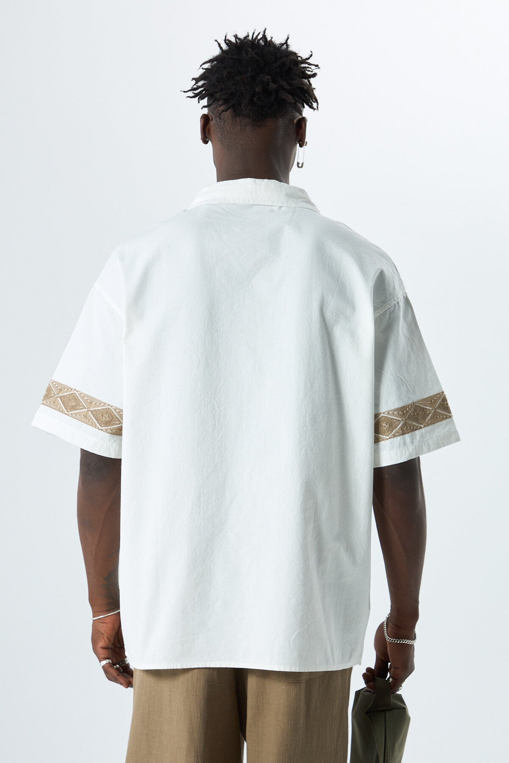 Vamos Embroidered Detailed Oversized Linen Shirt in Ecru