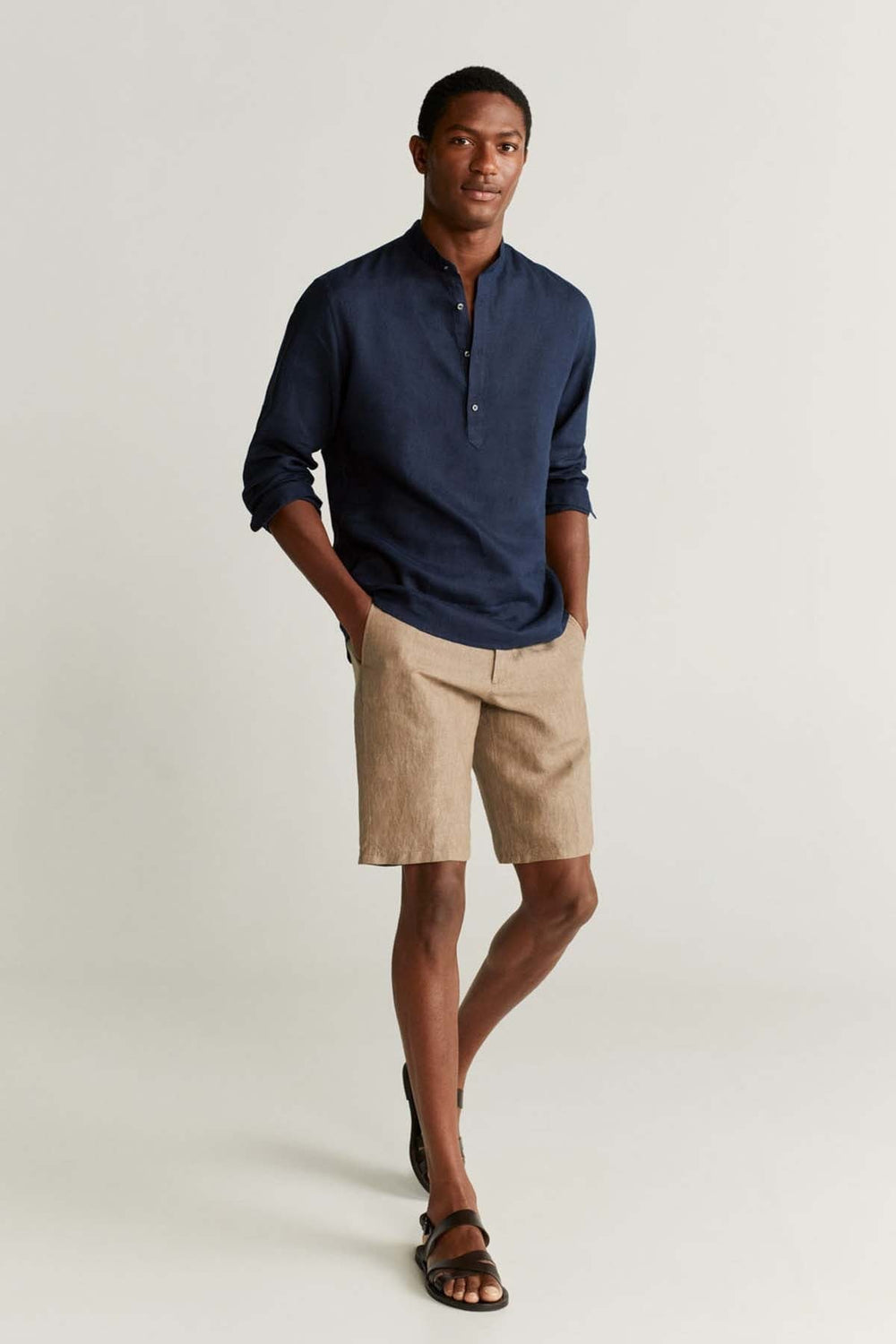 Retro Club Linen Tab Collar Long Sleeve shirt in Blue