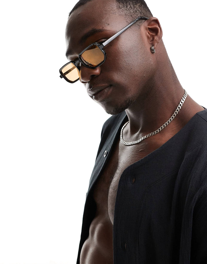 Polygonal frame sun glasses with brown lens
