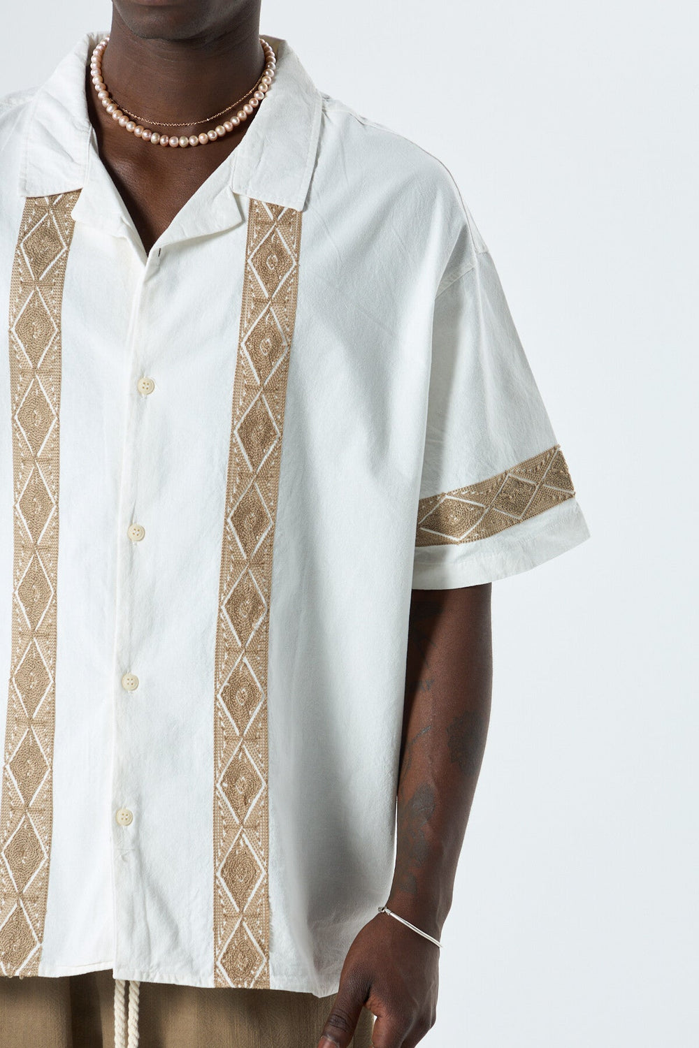 Vamos Embroidered Detailed Oversized Linen Shirt in Ecru