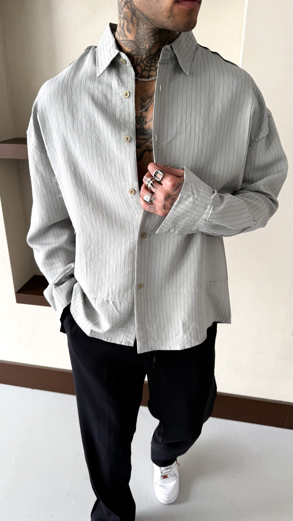 Mechanic Loose Striped Button Down Shirt in Grey