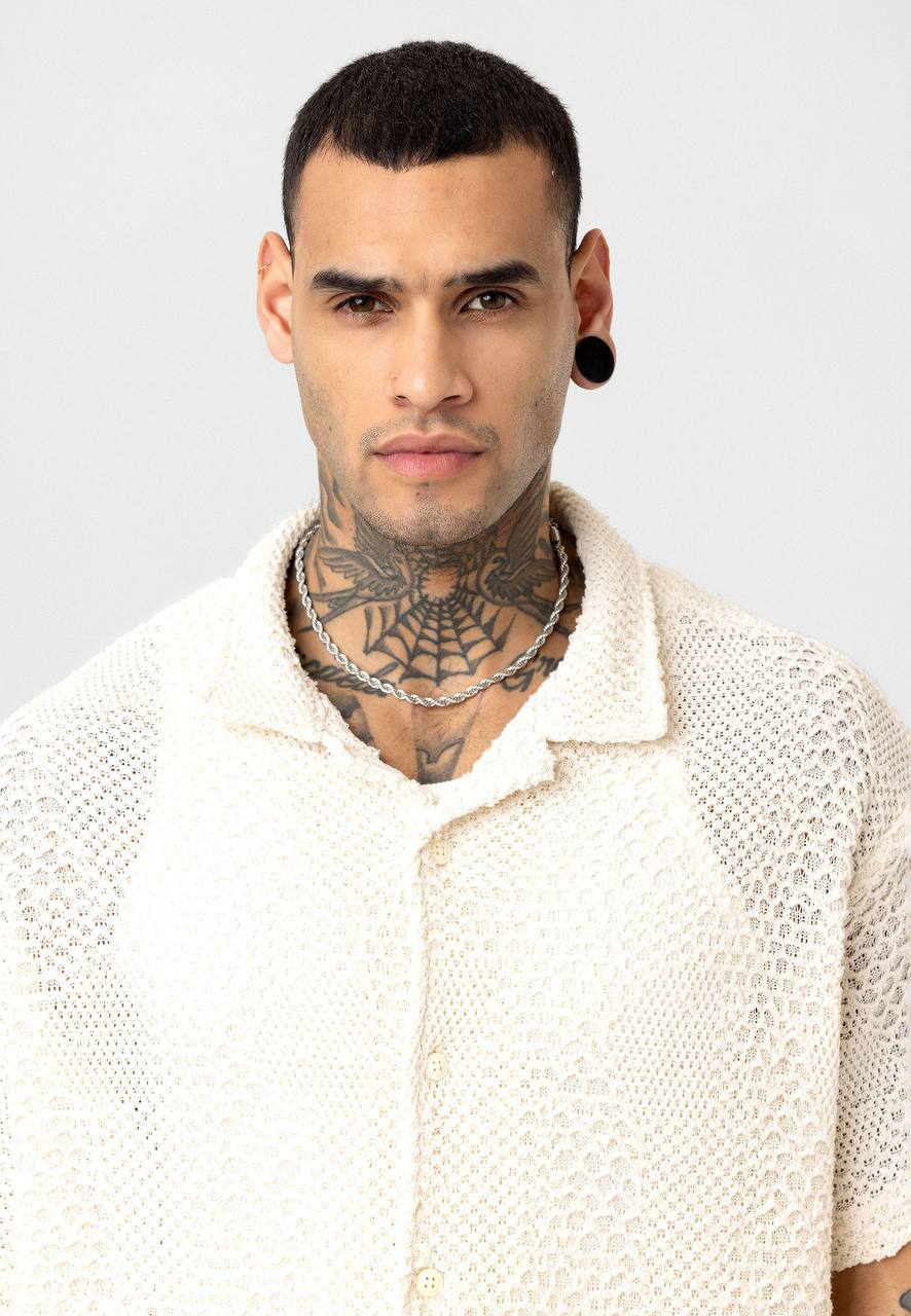Essence of Life Crotchet Resort Shirt in Ecru