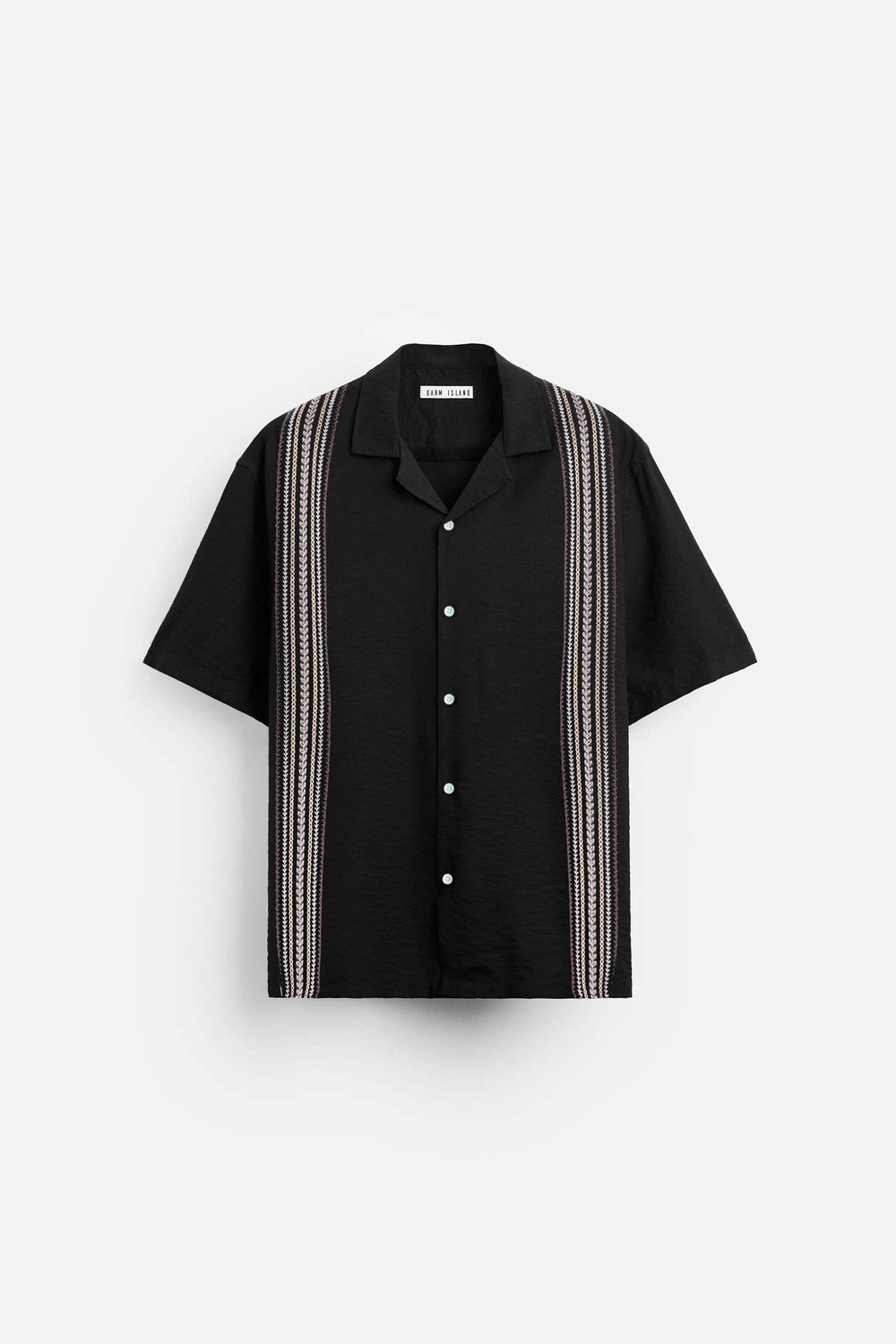 GARM ISLAND EMBROIDERED POCKETLESS SHORT SLEEVE OVERSIZE LINEN SHIRT BLACK