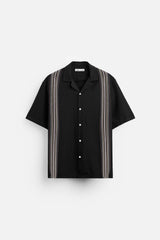 GARM ISLAND EMBROIDERED POCKETLESS SHORT SLEEVE OVERSIZE LINEN SHIRT BLACK