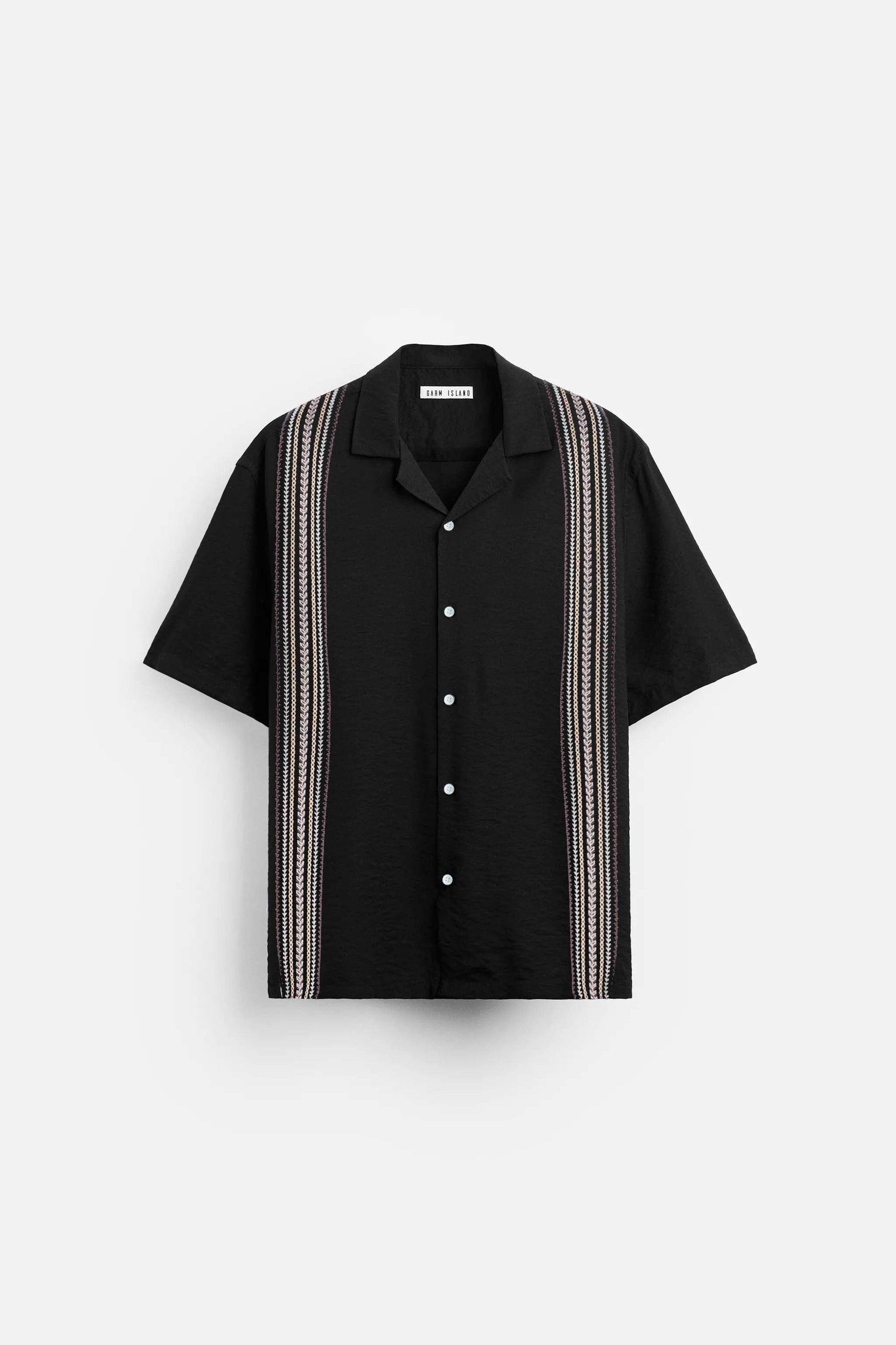 GARM ISLAND EMBROIDERED POCKETLESS SHORT SLEEVE OVERSIZE LINEN SHIRT BLACK