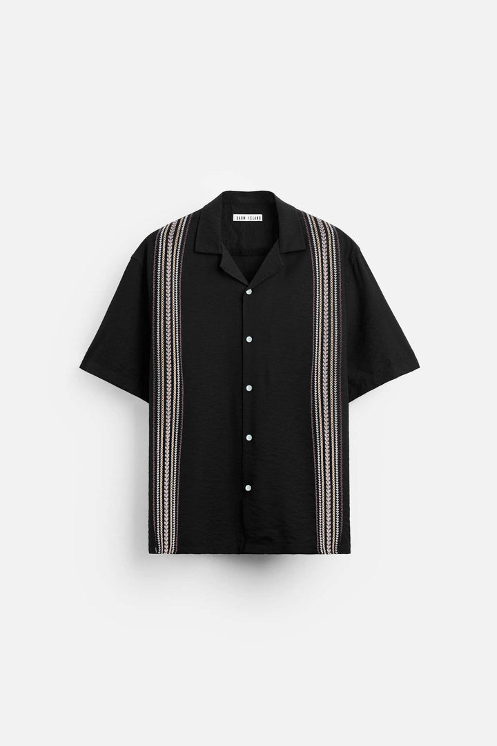 GARM ISLAND EMBROIDERED POCKETLESS SHORT SLEEVE OVERSIZE LINEN SHIRT BLACK