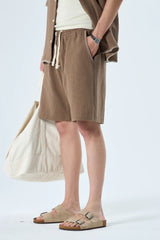 GARM ISLAND SEWING DETAILED OVERSIZE MUSLIN LINEN SHORTS SET BROWN