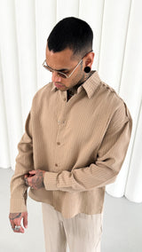 Mechanic Loose Striped Button Down Shirt in Brown