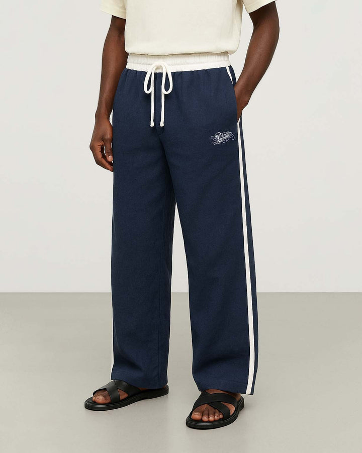 Giesto Embroidered Double Toned Linen Pants in Blue