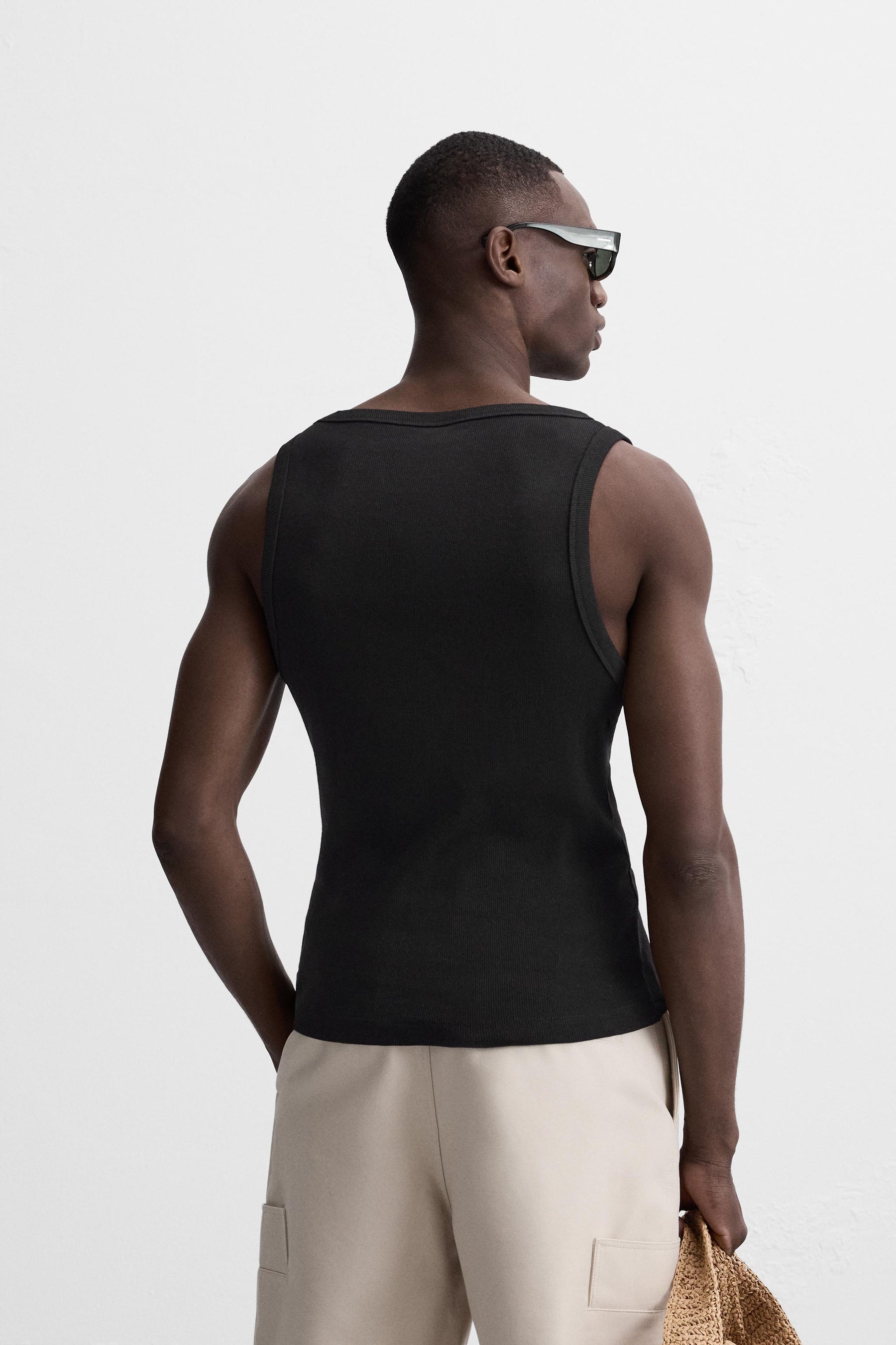 Vamos Ribbed Cotton Vest T-shirt in Black