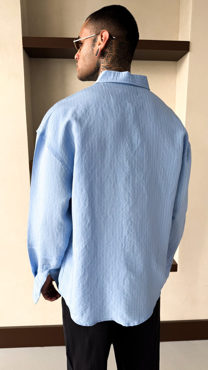 Mechanic Loose Striped Button Down Shirt in Blue