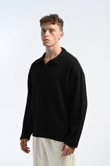 25-12 Longsleeve Waffle Polo in Black