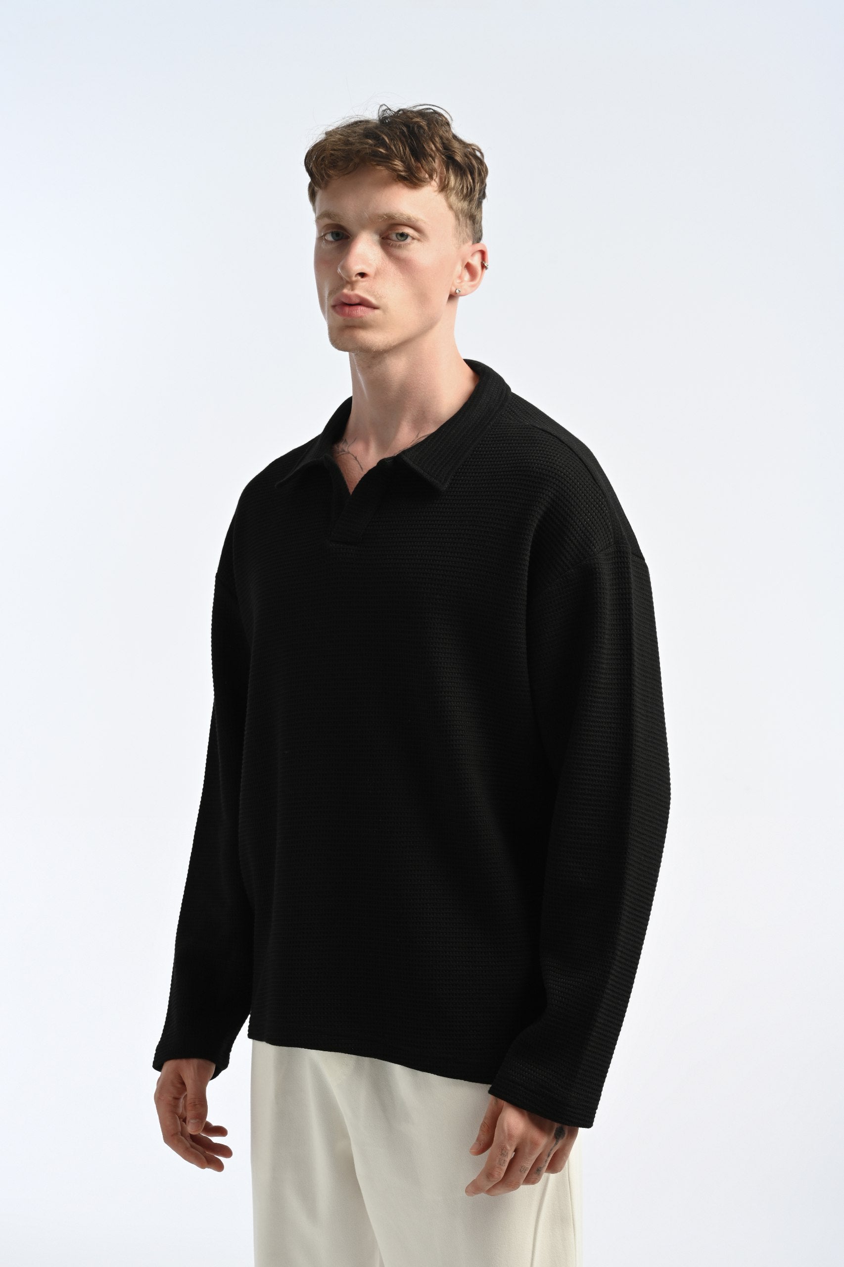 25-12 Longsleeve Waffle Polo in Black