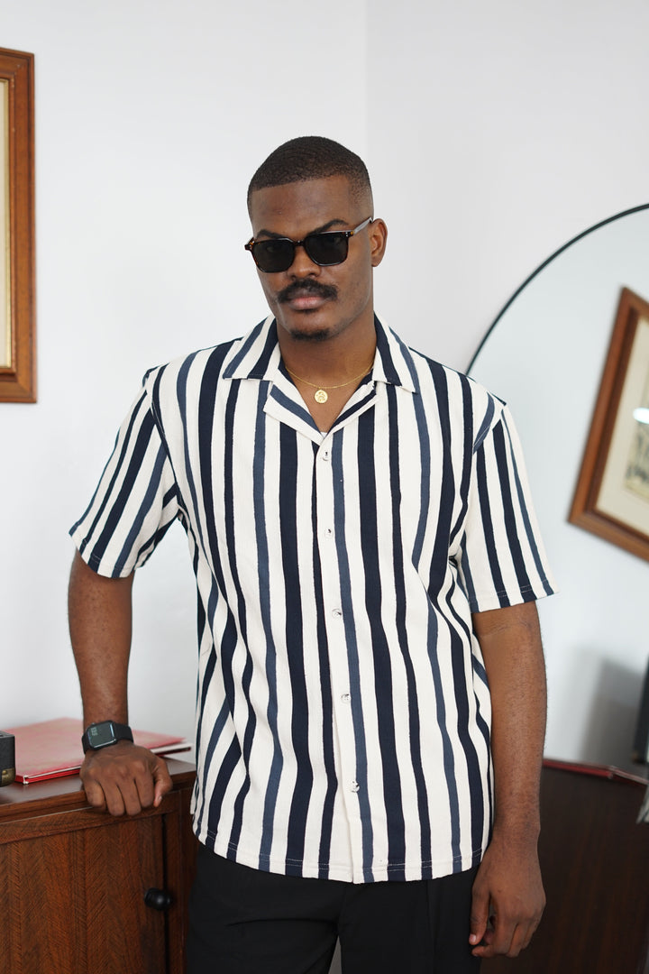 Massimo Cariño bar stripe revere shirt in dark blue