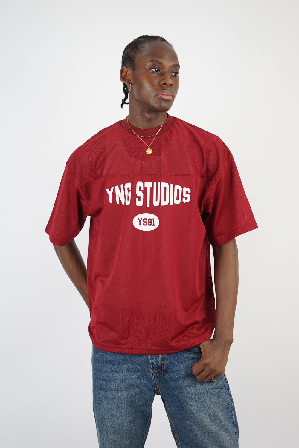 Vamos young studios mesh Jersey t-shirt in burgundy