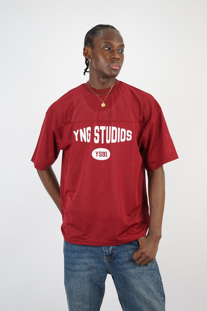 Vamos young studios mesh Jersey t-shirt in burgundy