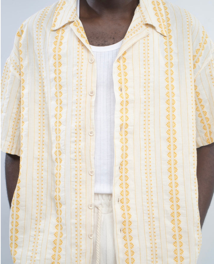 Giesto Striped oversized linen revere shirt in ecru/yellow