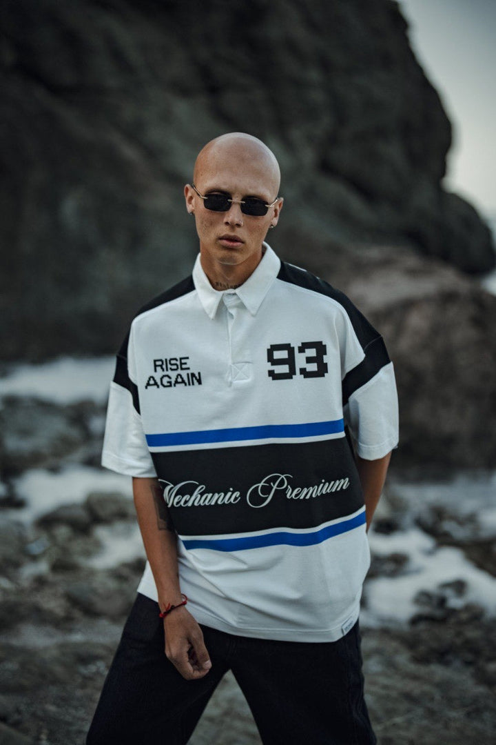 Mechanic Rise Again Pixel Rugby Polo Shirt in White