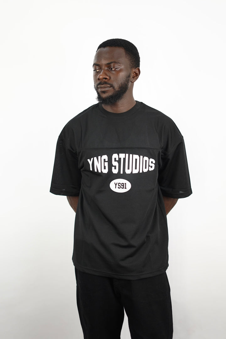 Vamos young studios mesh jersey t-shirt in black