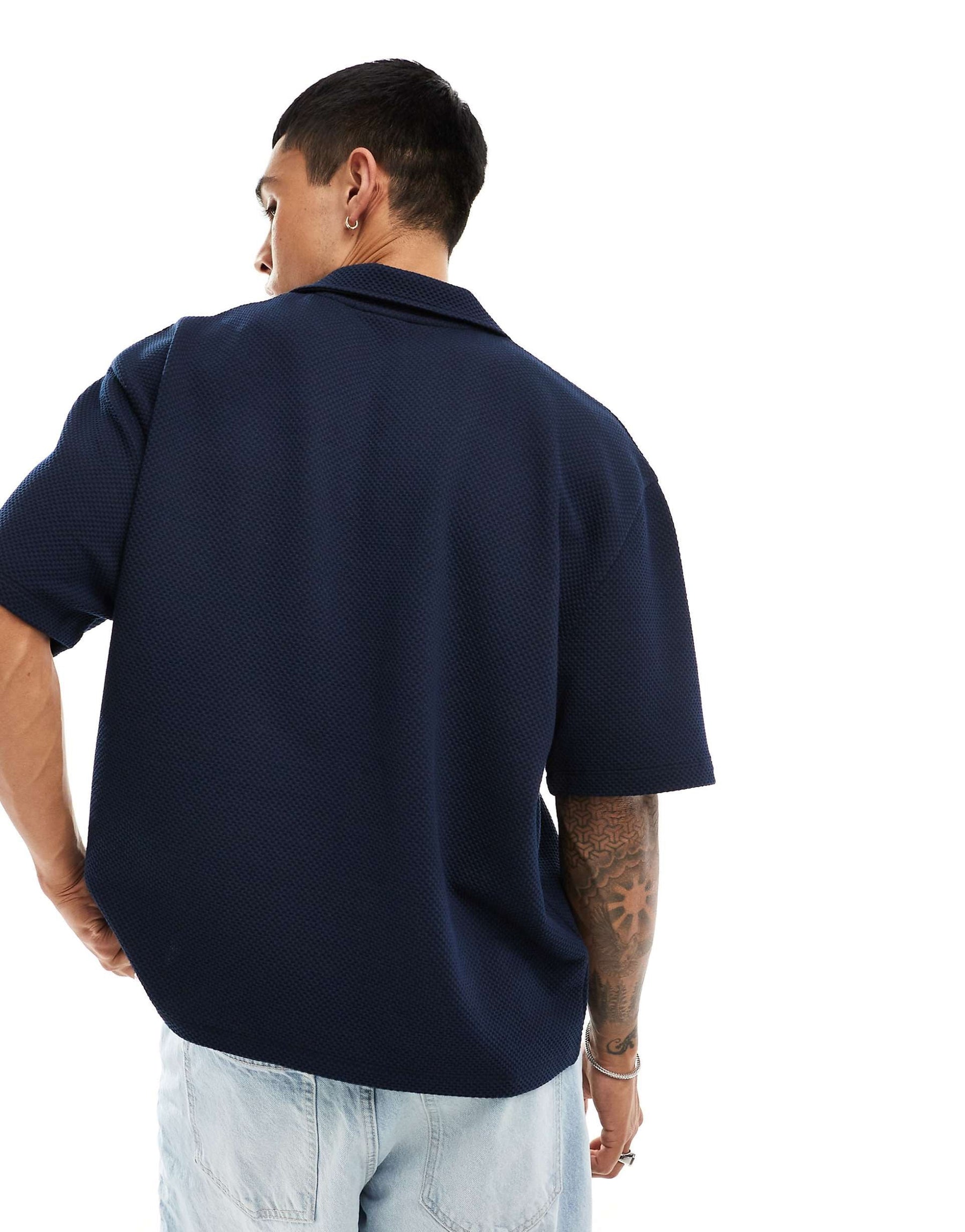 Garm Island Oversized Textured Knit Polo Shirt in Navy