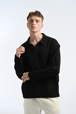 25-12 Longsleeve Waffle Polo in Black