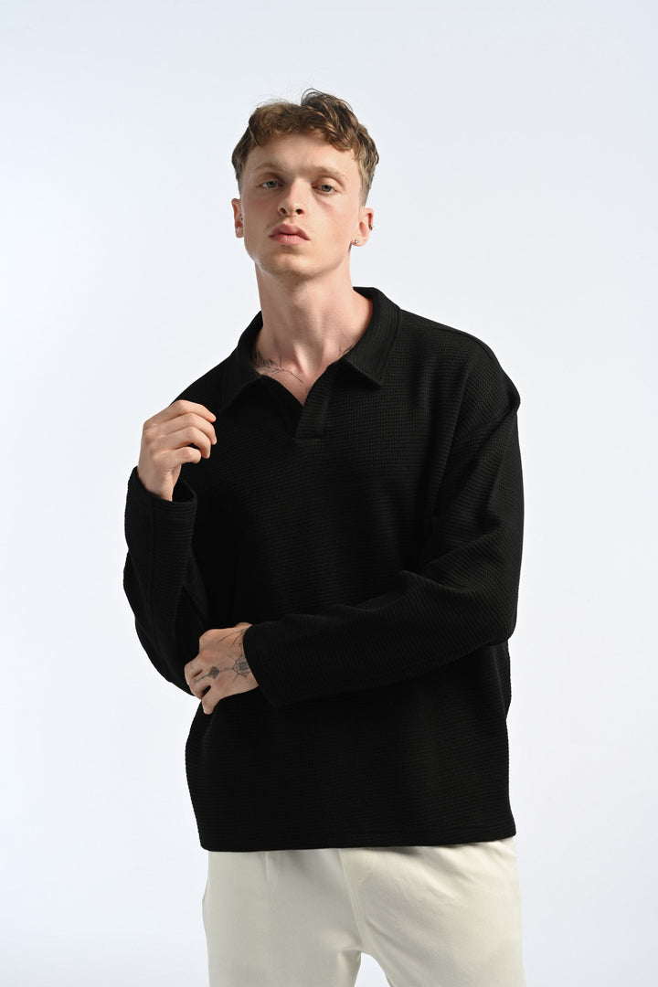 25-12 Longsleeve Waffle Polo in Black