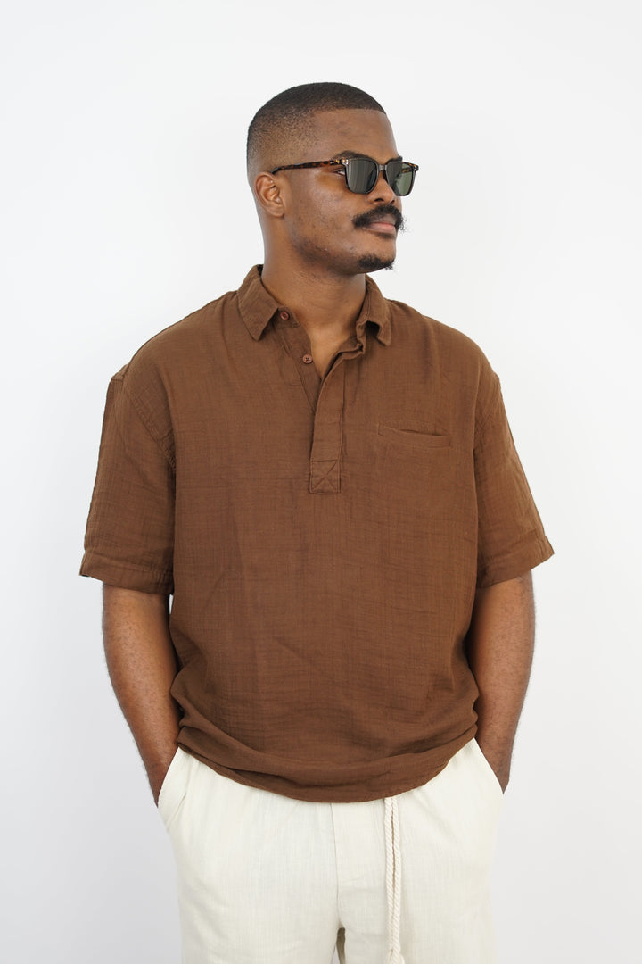Giesto linen short sleeve shirt in brown
