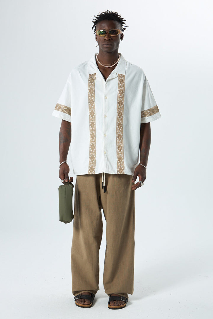 Vamos Embroidered Detailed Oversized Linen Shirt in Ecru