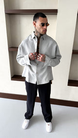 Mechanic Loose Striped Button Down Shirt in Grey