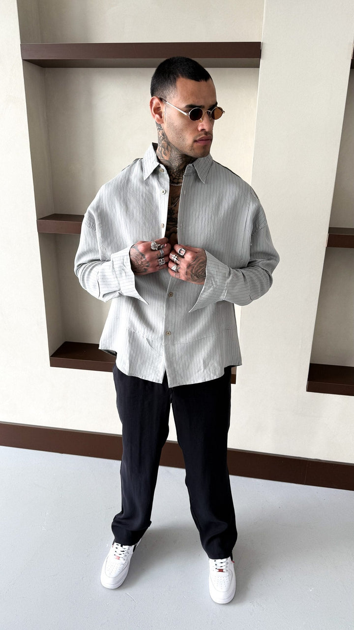 Mechanic Loose Striped Button Down Shirt in Grey