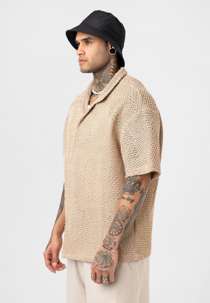 Essence of Life Crotchet Resort Shirt in Beige