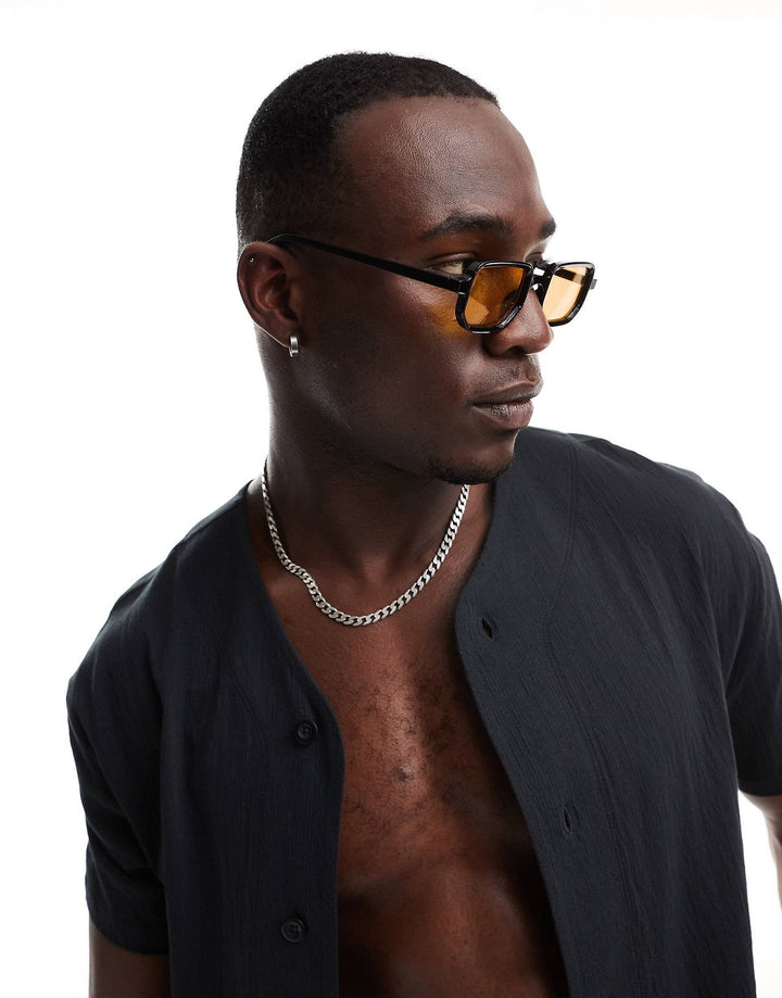 Polygonal frame sun glasses with brown lens