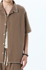 GARM ISLAND SEWING DETAILED OVERSIZE MUSLIN LINEN SHORTS SET BROWN