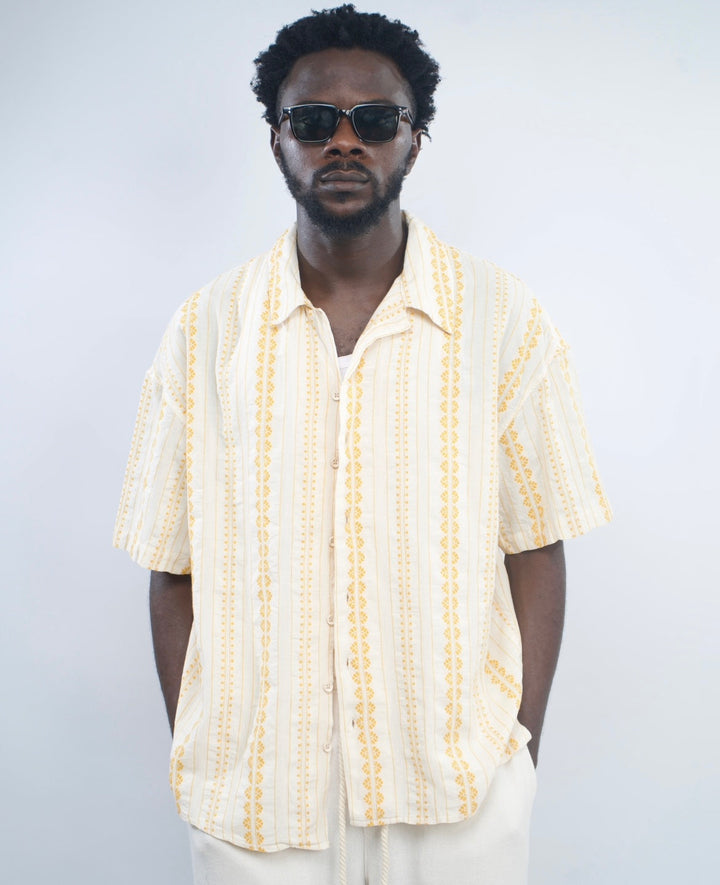 Giesto Striped oversized linen revere shirt in ecru/yellow
