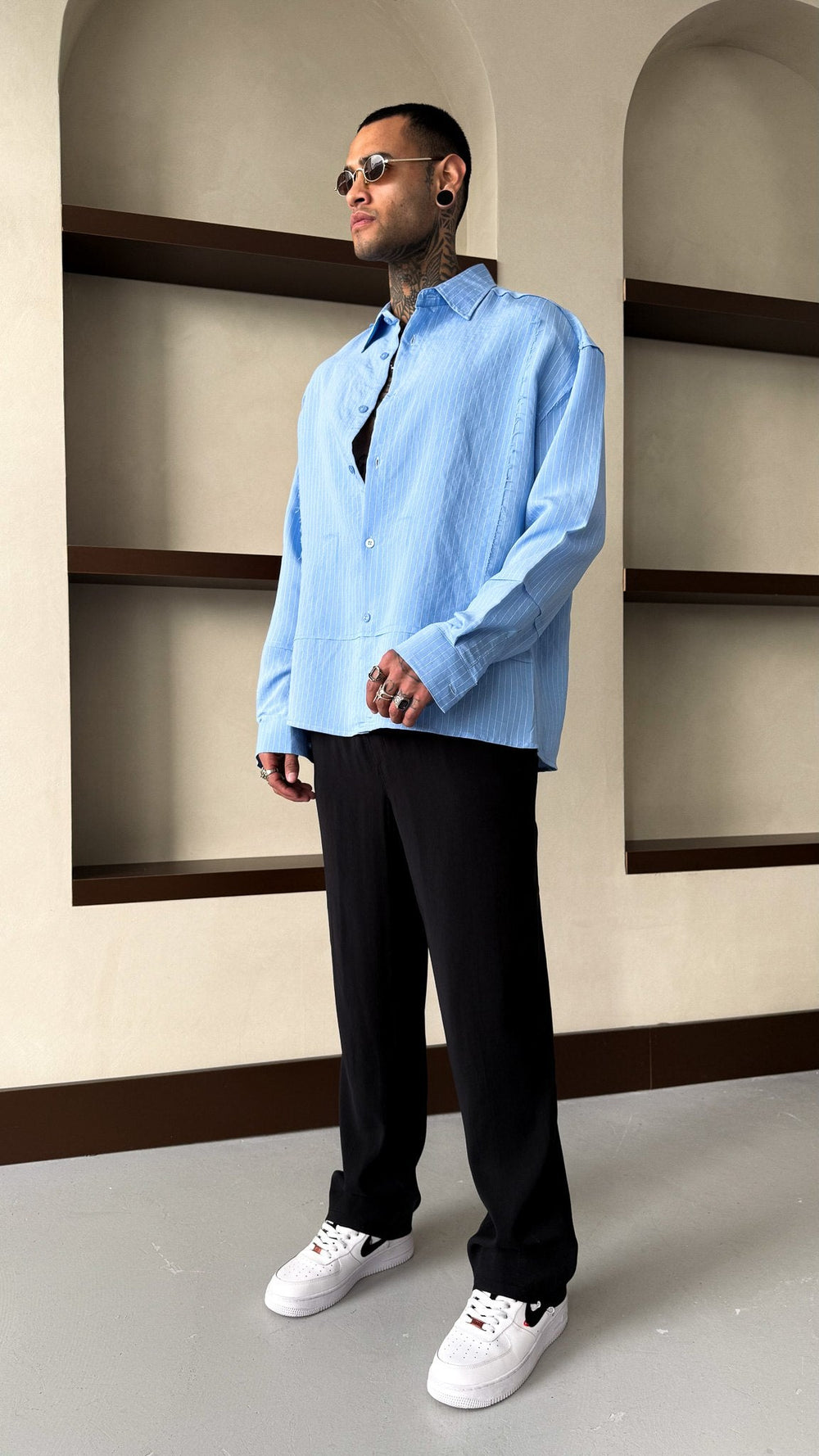 Mechanic Loose Striped Button Down Shirt in Blue