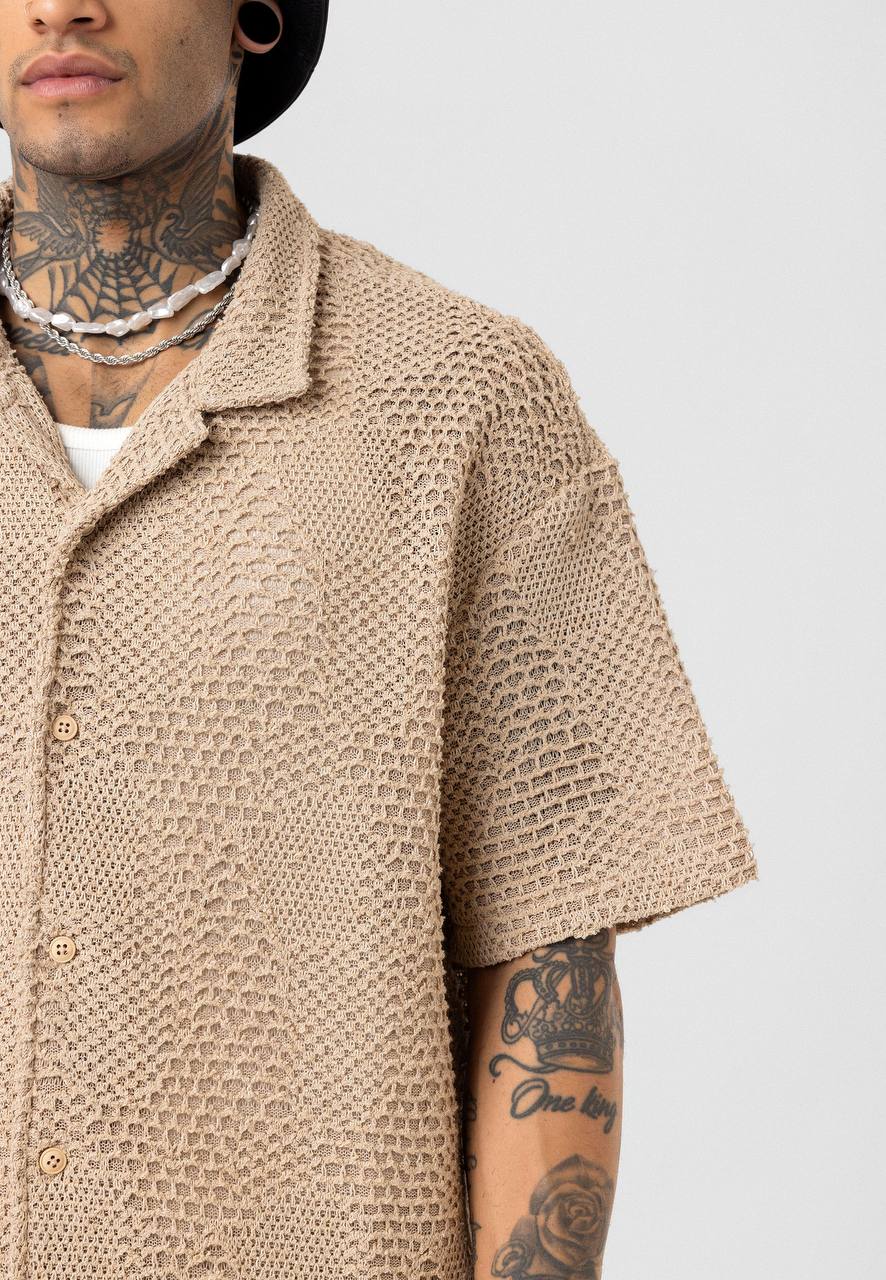Essence of Life Crotchet Resort Shirt in Beige