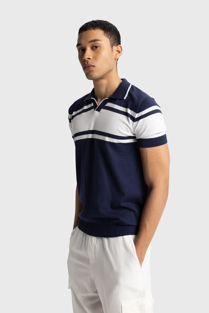 GIESTO knit polo shirt in blue and white