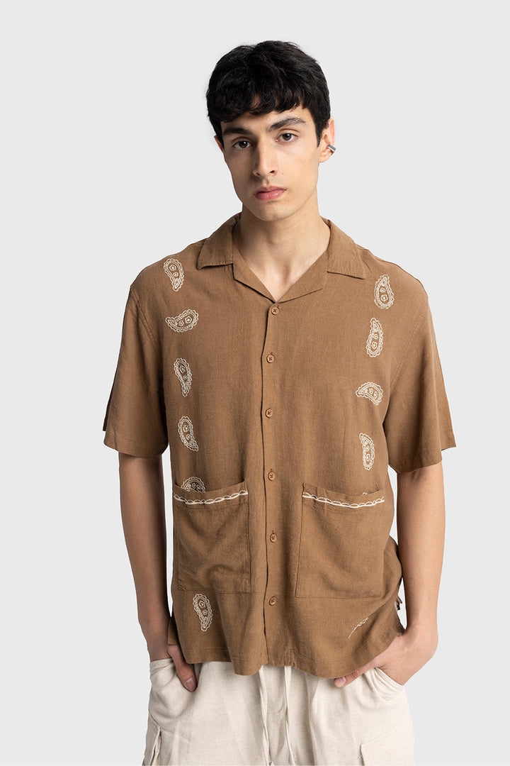 GIESTO paisley embroidered shirt in brown and white