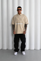 Mechanic Oversized Boxy Zip Short Sleeve Shirt in Beige