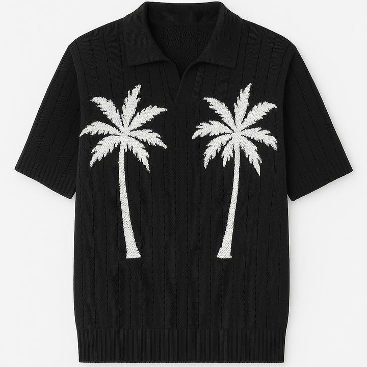 GIESTO oversized crochet knit polo with palm print in black