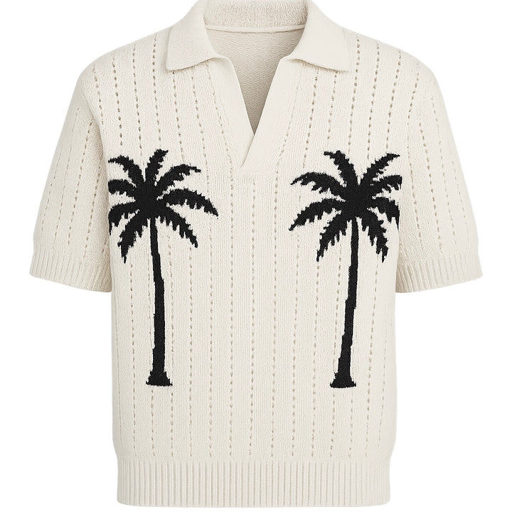 GIESTO oversized crochet knit polo with palm print in ecru