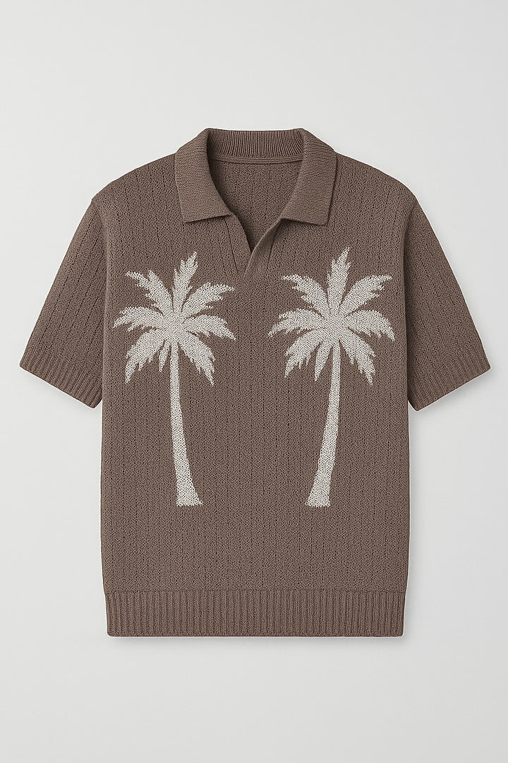 GIESTO oversized crochet knit polo with palm print in brown