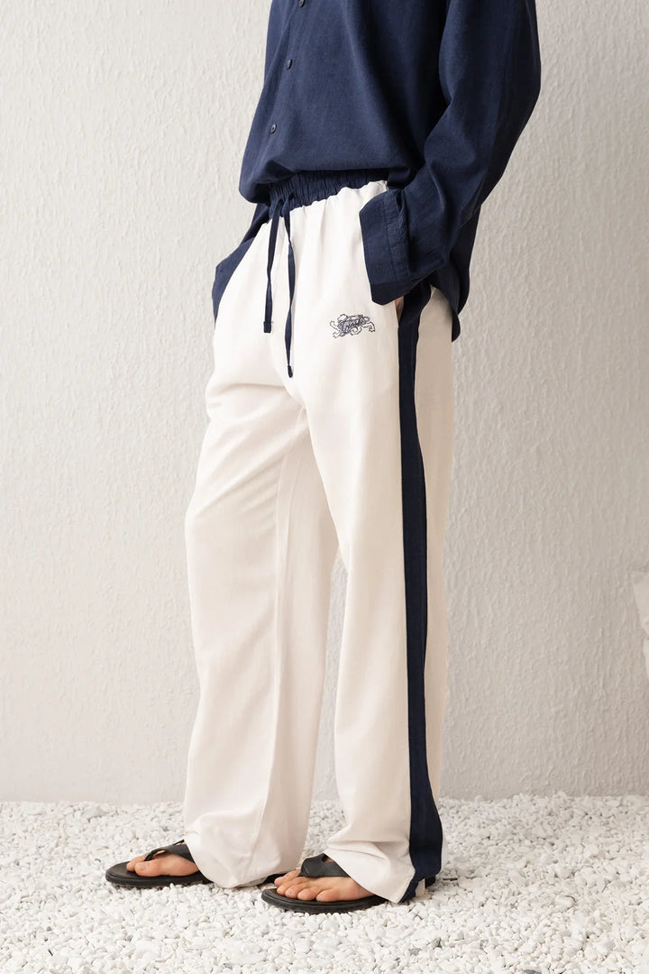 Giesto Embroidered Double Toned Linen Pants in White
