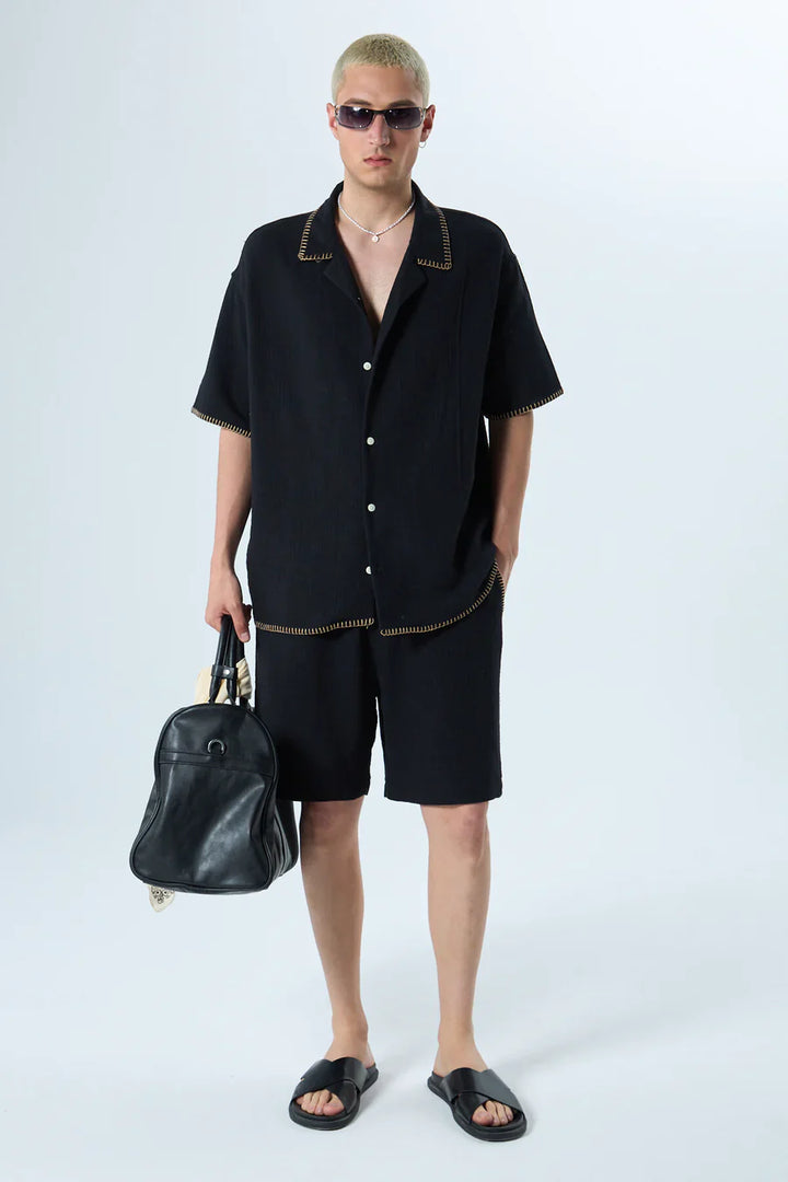 GARM ISLAND SEWING DETAILED OVERSIZE MUSLIN LINEN SHORTS SET BLACK