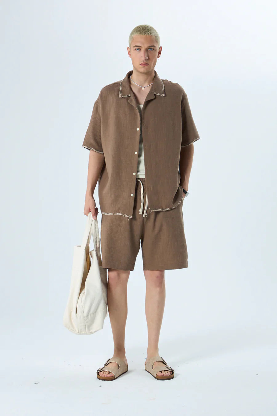 GARM ISLAND SEWING DETAILED OVERSIZE MUSLIN LINEN SHORTS SET BROWN