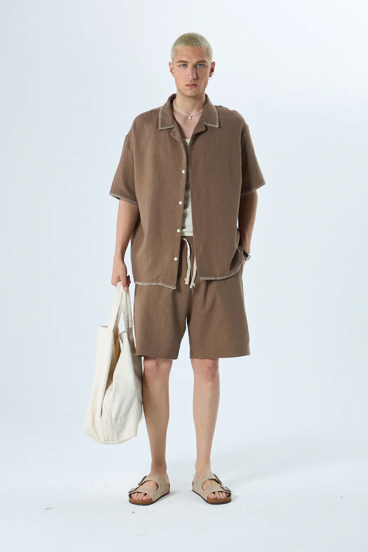 GARM ISLAND SEWING DETAILED OVERSIZE MUSLIN LINEN SHORTS SET BROWN
