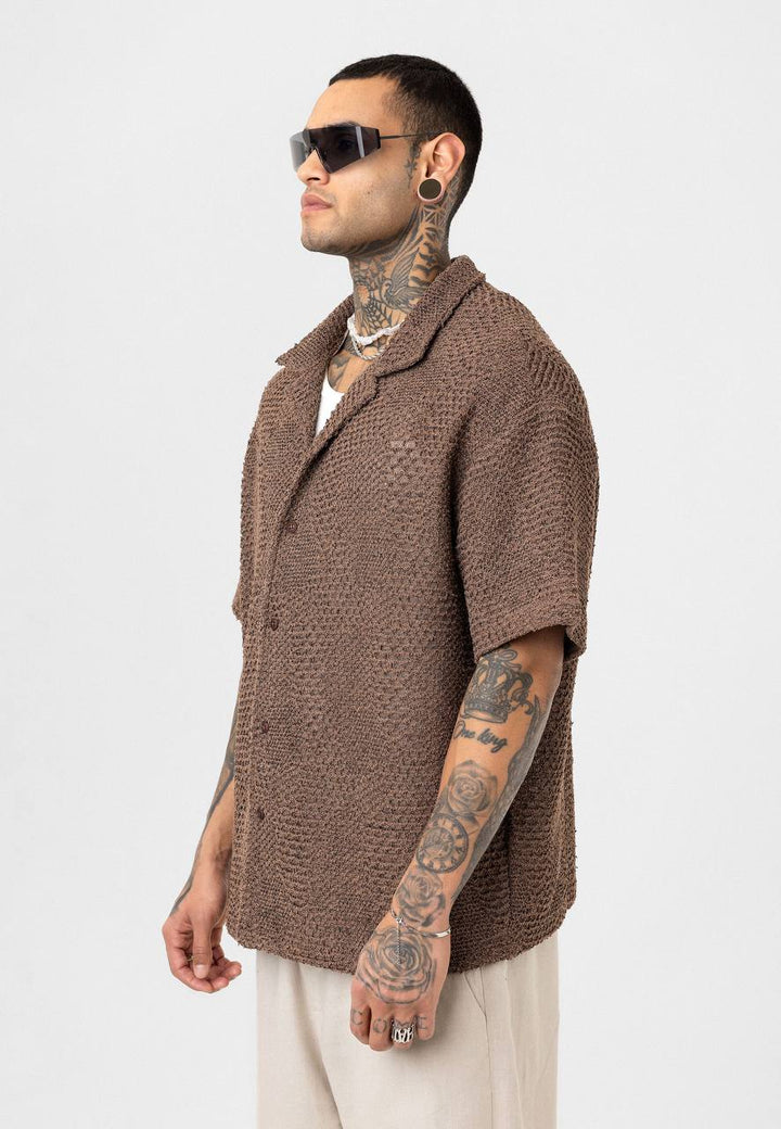Essence of Life Crotchet Resort Shirt in Brown