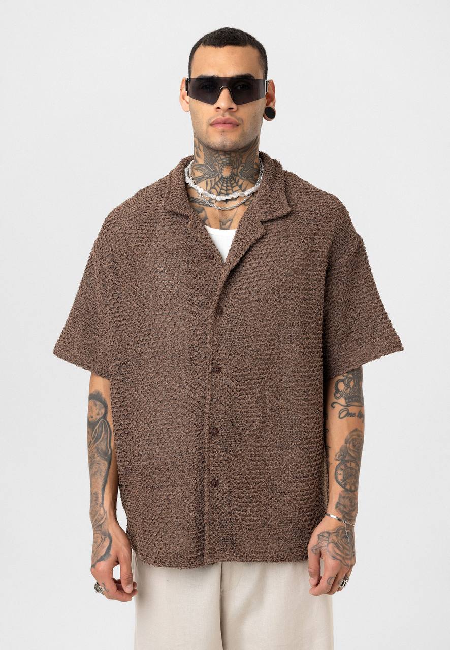 Essence of Life Crotchet Resort Shirt in Brown