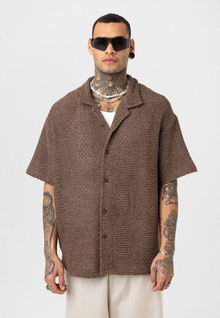 Essence of Life Crotchet Resort Shirt in Brown