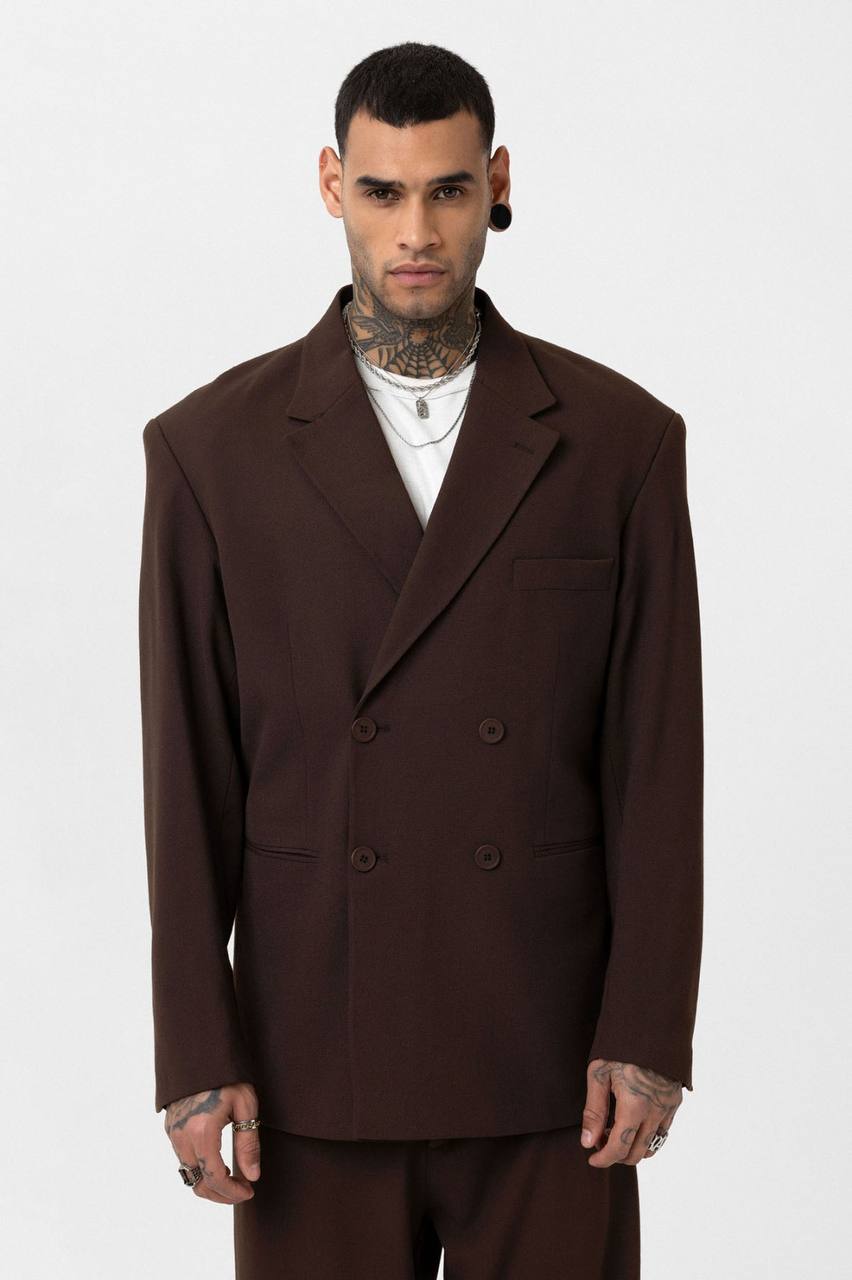 Vamos Oversized Relaxed Double Breasted Blazer Jacket with Pants in Brown